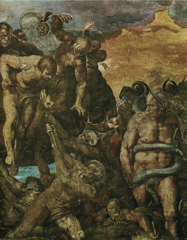 Michelangelo 1537 1541 Chapelle Sixtine Le Jugement Dernier Detail Damnes Avec Des Demons Et Minos Jpg